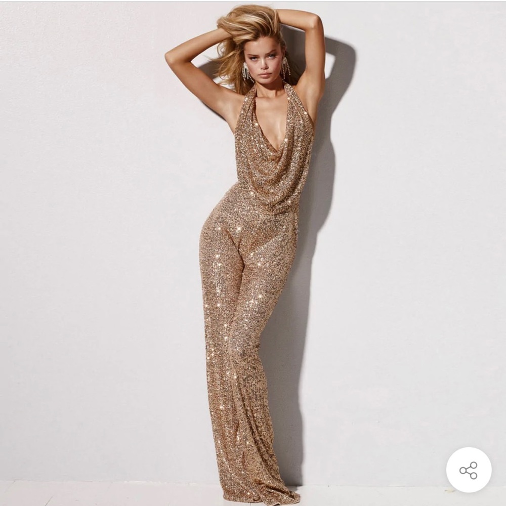 Sexy Sequin cowl meck halter backless jumpsuit